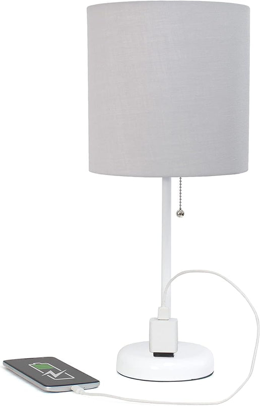 Simple Designs LT1144-GOW Sleek and Slender White Table Lamp with Charging Outlet for Bedroom, Living Room, Entryway, Office, Dining Room, Study, Gray Shade - LeafyLoom