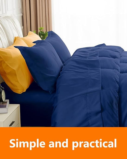 Queen Size Comforter Set - 3 Pieces, 1 Reversible Comforter and 2 Pillowcases,Soft Quilted Warm Fluffy Cooling Bedding for All Season,Navy - LeafyLoom