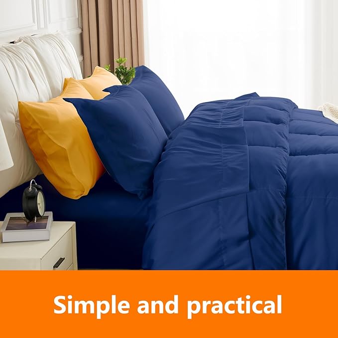 Full Size Comforter Set - 3 Pieces, 1 Reversible Comforter and 2 Pillowcases,Soft Quilted Warm Fluffy Cooling Bedding for All Season,Navy - LeafyLoom