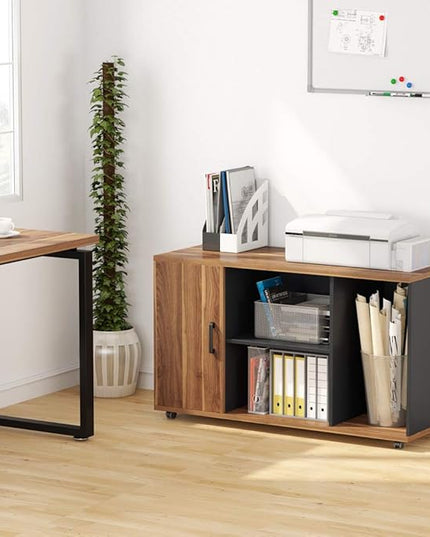 Tribesigns 39 inches File Cabinet, Large Storage Printer Stand, Mobile Filling Office Cabinet with Wheels, Doors and Open Storage Shelves,Dark Walnut - LeafyLoom