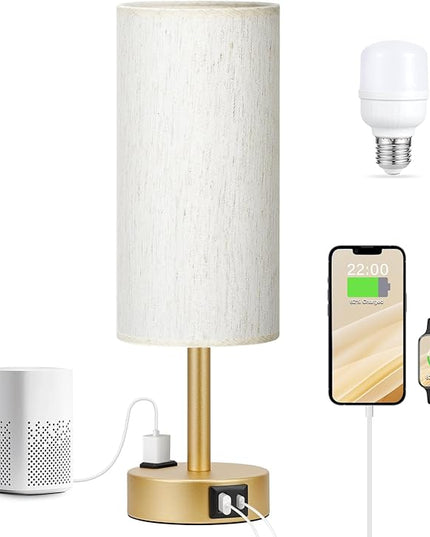 Gold Nightstand Bedroom Lamp - 3 Way Dimmable Bedside Lamp USB C A Charging Ports and AC Outlet, Small Table Lamp Linen Lampshade for Office Desk, LED Bulb Included - LeafyLoom
