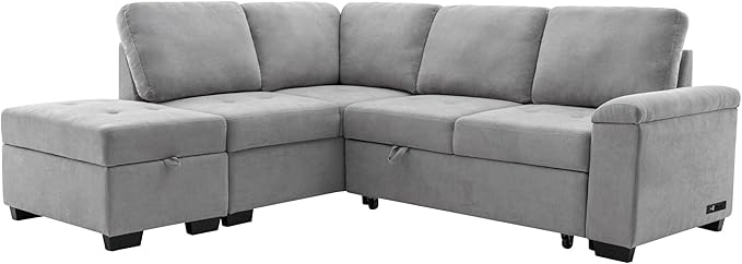Convertible Sleeper Sectional Sofa with Pull Out Bed and Movable Ottoman, L Shaped Reversible Couch with Hidden Arm Storage & USB Charge, 4 Seat Corner Sofa&Couches for Living Room, Gray 87.4" - LeafyLoom