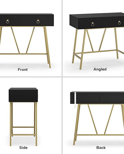 Anmytek Home Office Desk Black Writing Desk with 2 Drawers Modern & Simple Makeup Vanity Study Table Small Computer Desk, D0007 - LeafyLoom