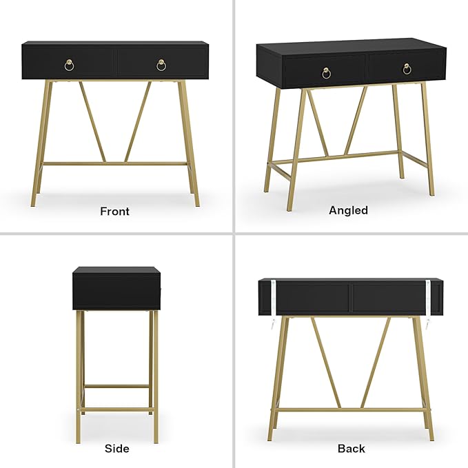 Anmytek Home Office Desk Black Writing Desk with 2 Drawers Modern & Simple Makeup Vanity Study Table Small Computer Desk, D0007 - LeafyLoom