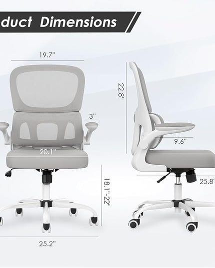 Soohow Ergonomic Home Office Chair, Mesh Desk Chair with Lumbar Support, Comfy Computer Desk Chair with Flip Armrest Rolling Wheels, Grey. - LeafyLoom
