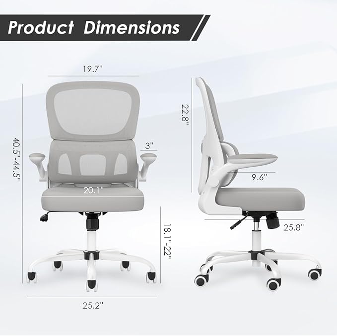 Soohow Ergonomic Home Office Chair, Mesh Desk Chair with Lumbar Support, Comfy Computer Desk Chair with Flip Armrest Rolling Wheels, Grey. - LeafyLoom