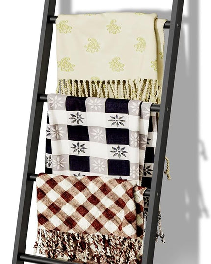 5-Tier Blanket Ladder Wooden, Non-Folding 4.8FT(57.5'') Blanket Quilt Holder Rack Decorative Ladder, Easy Assembly, Rustic Farmhouse Ladder Shelf for The Living Room Bedroom Home Decor, Black - LeafyLoom