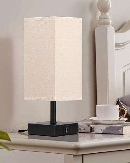 Ambimall Beige Table Lamp with USB Ports - 3 Way Touch Lamps Beside Desk, Nightstand Lamp for Bedrooms Living Room, Beige Shade with Black Base, LED Bulb Included(Beige) - LeafyLoom