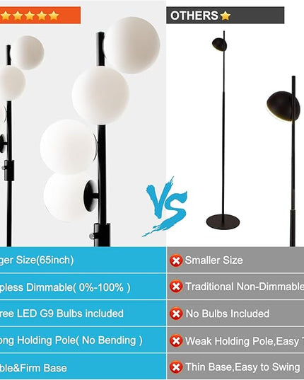 Lightdot 64IN Mid Century Globe Floor Lamp, Dimmable (Brightness Adjustable) Black Floor Lamp with 3000K G9 Bulbs Included, Modern Standing Lamps for Living Room Bedroom Office - LeafyLoom