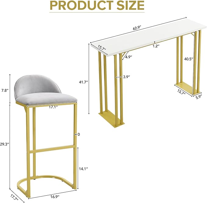 NicBex Small Dining Table Set for 4 Bar Table and Chairs Set Modern Gold White Table with 4 Velvet Cushion Bar Stools, Kitchen Counter High Top Table for Home & Kitchen, Grey+White - LeafyLoom