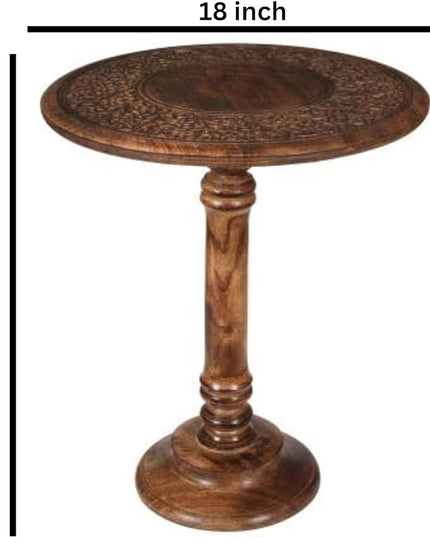 Round End Table,Small Table,Side Table, Side Tables Living Room,End Table,Round Side Table,Altar Table, Carved Side Table,Wood Accent Table,Carved Wood Table Single Pillar 18x22 inch Burnt - LeafyLoom