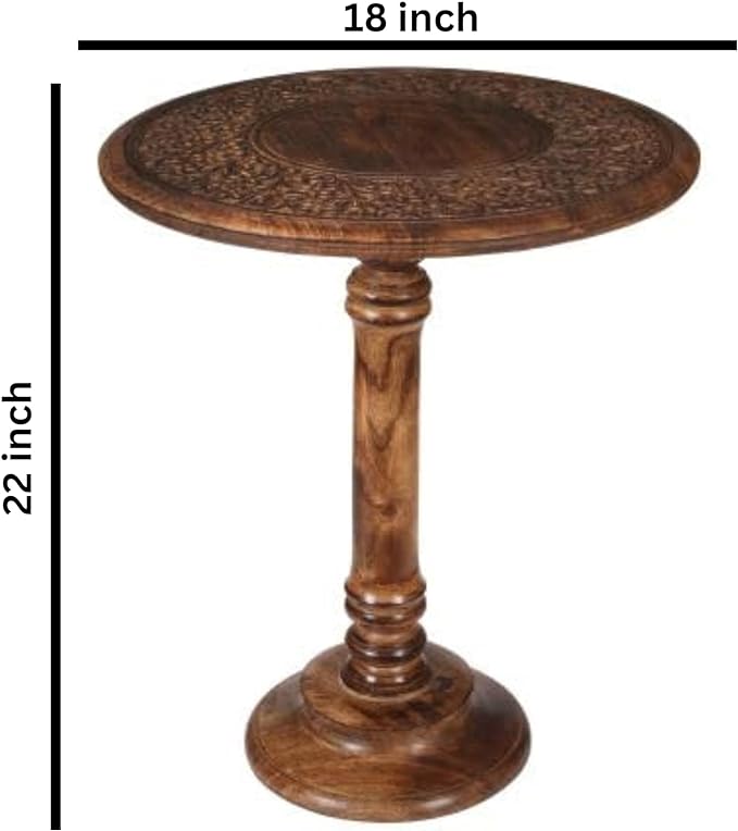 Round End Table,Small Table,Side Table, Side Tables Living Room,End Table,Round Side Table,Altar Table, Carved Side Table,Wood Accent Table,Carved Wood Table Single Pillar 18x22 inch Burnt - LeafyLoom