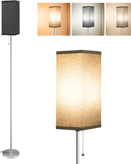 Floor Lamps for Living Room Bedroom - 3 Color Temperature Silver Standing Lamps with Pull Chain Switch, Modern Tall Lamp for Office Home Nursery, Pole Lamp with Black Lampshade for Reading - LeafyLoom