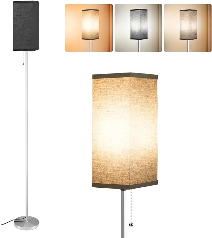 Floor Lamps for Living Room Bedroom - 3 Color Temperature Silver Standing Lamps with Pull Chain Switch, Modern Tall Lamp for Office Home Nursery, Pole Lamp with Black Lampshade for Reading - LeafyLoom