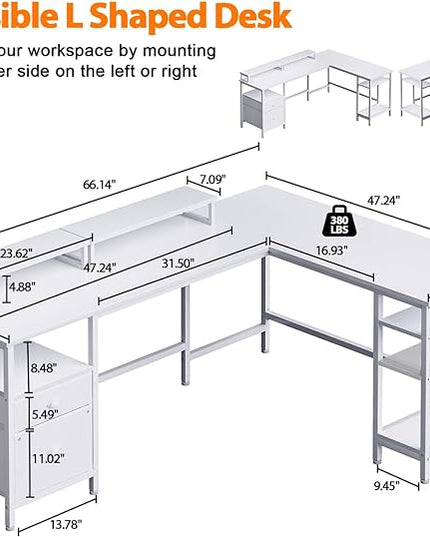 Furologee White 66" L Shaped Desk with Shelves, Reversible Corner Computer Desk with File Drawer & Dual Monitor Stand, Large Home Office Desk Writing Study Gaming Table Workstation - LeafyLoom
