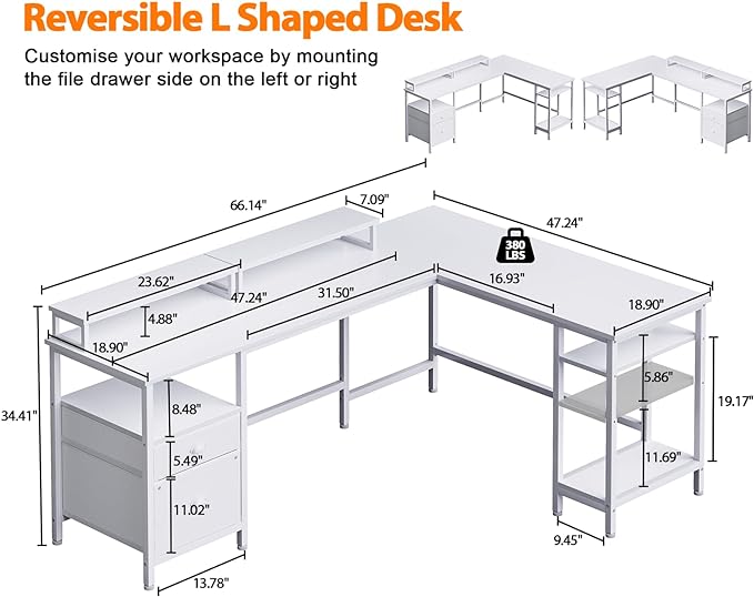 Furologee White 66" L Shaped Desk with Shelves, Reversible Corner Computer Desk with File Drawer & Dual Monitor Stand, Large Home Office Desk Writing Study Gaming Table Workstation - LeafyLoom