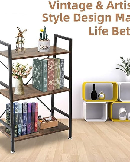 TooCust 3 Tier Open Book Shelf, 37" x 23" x 10.8" 3 Tier Wood Bookshelf, 3 Shelf Bookcase, Vintage Standing Metal Frame Book Shelves, Rustic Brown - LeafyLoom