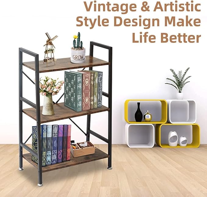 TooCust 3 Tier Open Book Shelf, 37" x 23" x 10.8" 3 Tier Wood Bookshelf, 3 Shelf Bookcase, Vintage Standing Metal Frame Book Shelves, Rustic Brown - LeafyLoom