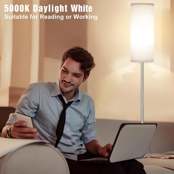 Ambimall Floor Lamps for Living Room, Modern Silver Floor Lamp with Remote Control and Stepless Dimmable Colors Temperature & Brightness (9W Bulb Included, Grey Lampshade) - LeafyLoom