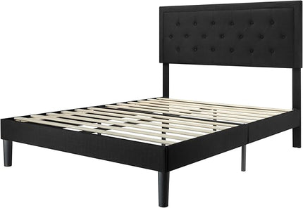 Allewie Queen Size Bed Frame Upholstered Platform Bed with Adjustable Headboard, Button Tufted, Wood Slat Support, Easy Assembly, Black - LeafyLoom