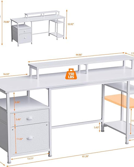 Furologee 61" Computer Desk with Fabric File Cabinet & Drawer, Reversible White Desk with Storage Shelf, Office Desk with Long Monitor Stand, Writting Desk Workstation, for Home/Office/White - LeafyLoom