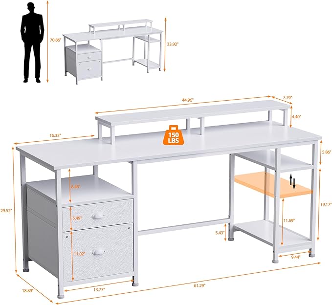 Furologee 61" Computer Desk with Fabric File Cabinet & Drawer, Reversible White Desk with Storage Shelf, Office Desk with Long Monitor Stand, Writting Desk Workstation, for Home/Office/White - LeafyLoom
