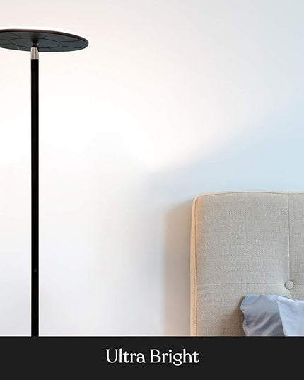 Brightech Sky Flux Dimmable LED Floor Lamp – Super Bright Floor Lamp for Living Room and Offices – Torchiere Standing Lamp with 3 Light Options, Tall Lamp for Bedroom Reading and More - Black - LeafyLoom