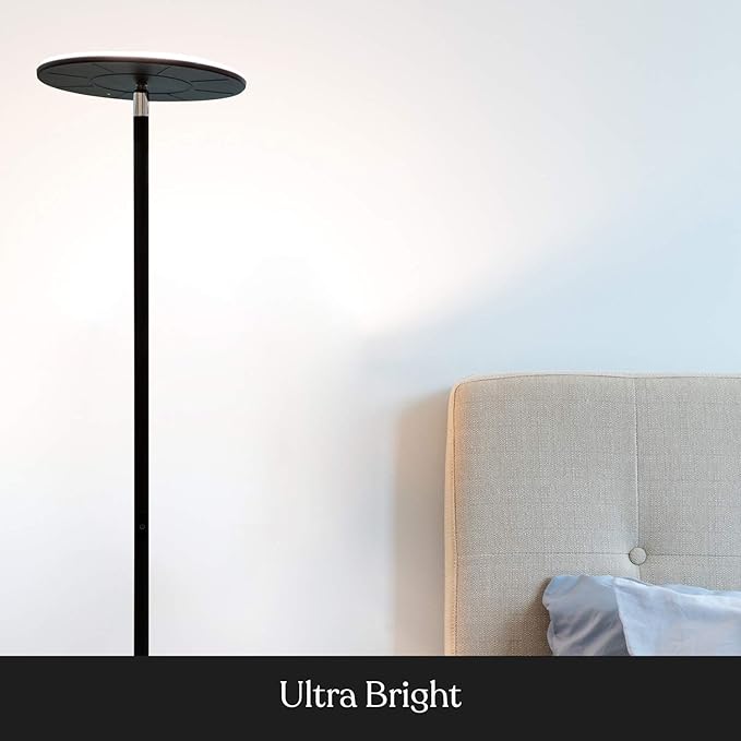 Brightech Sky Flux Dimmable LED Floor Lamp – Super Bright Floor Lamp for Living Room and Offices – Torchiere Standing Lamp with 3 Light Options, Tall Lamp for Bedroom Reading and More - Black - LeafyLoom