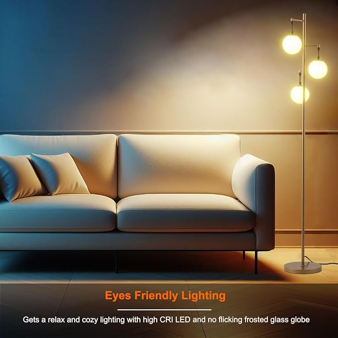 Modern Gold Globe Floor Lamp with 3 Frosted Orb Glass Shade and 3000K LED Bulbs, Mid Century Standing Lamp, Farmhouse Retro Tall Lamp for Living Room Bedroom - LeafyLoom