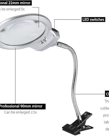 LED magnifying lamp, table magnifying glass, magnifying glass lighting lens with flexible gooseneck, for bed lamp, tattoo, manicure, makeup, eyelashes, suitable for crafts, - LeafyLoom