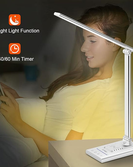 AFROG 5th Gen Multifunctional LED Desk Lamp with USB Charging Port,1800Lux Super Bright,5 Lighting Mode,7 Brightness, Touch Control, Auto Timer, 12W Office Table Lamp - LeafyLoom