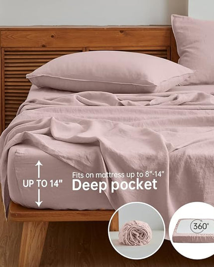 Simple&Opulence 100% Linen Sheet Set Solid Color-4 Pcs Washed French Linen Bed Sheets(1 Flat Sheet,1 Fitted Sheet,2 Pillowcases)-Breathable Bedding Set (King, Blush Pink) - LeafyLoom