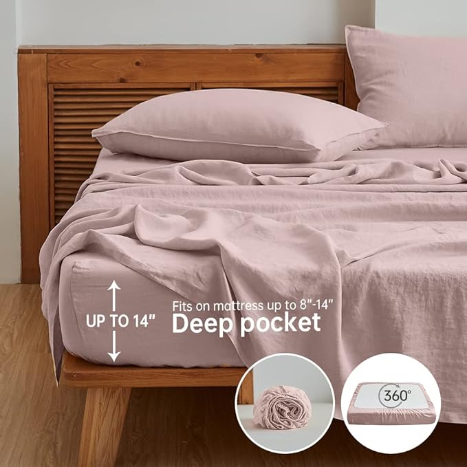 Simple&Opulence 100% Linen Sheet Set Solid Color-4 Pcs Washed French Linen Bed Sheets(1 Flat Sheet,1 Fitted Sheet,2 Pillowcases)-Breathable Bedding Set (King, Blush Pink) - LeafyLoom