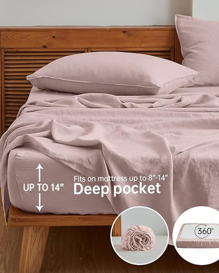 Simple&Opulence 100% Linen Sheet Set Solid Color-4 Pcs Washed French Linen Bed Sheets(1 Flat Sheet,1 Fitted Sheet,2 Pillowcases)-Breathable Bedding Set (Queen, Blush Pink) - LeafyLoom