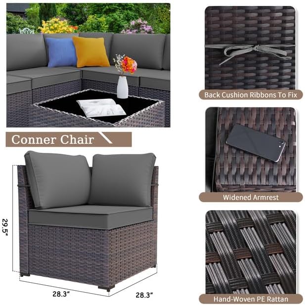 Patio Furniture Sectional Sofa Set 13-Pieces PE Rattan Patio Conversation Set w/43in Gas Fire Pit Table, Outdoor Furniture with 55000 BTU Propane Fire Pit, Grey - LeafyLoom