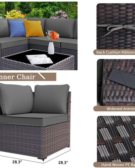 Patio Furniture Sectional Sofa Set 7 Pieces PE Rattan Patio Conversation Set w/43in Gas Fire Pit Table, Outdoor Furniture with 55000 BTU Propane Fire Pit, Grey - LeafyLoom