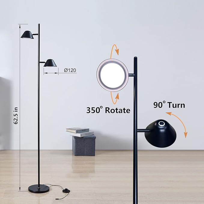 Modern LED Floor Lamp 20W, 2 Rotatable LED Light with Remote, Adjustable Color Temperature and Dimmable Features, Standing Lamp with Timing for Living Room, Bedroom, Office Black - LeafyLoom