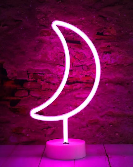 LED Neon Moon Lights, Moon Shape Neon Signs Crescent Night Lights Battery Operated Desk Table Lamp for Bedroom, Bar, Wall Decor-Moon with Holder Base(Pink) - LeafyLoom