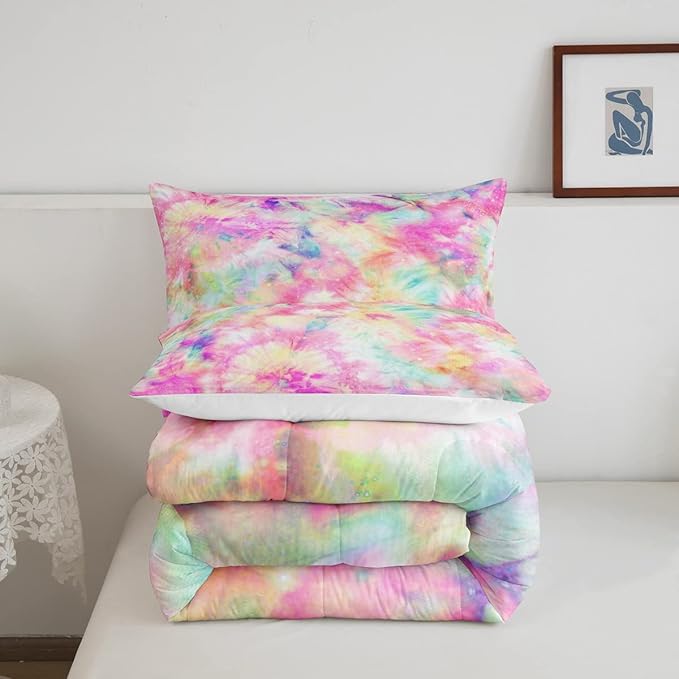 Erosebridal Kids Tie Dye Comforter Set, Bohemian Batik Down Comforter Queen Size, Boho Psychedelic Bedding Comforters for Children Girls Boys Teens Bedroom, Trippy Tattoo Watercolor Quilted Duvet - LeafyLoom