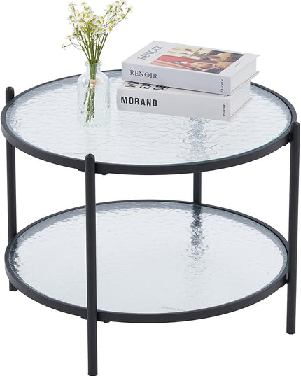 VINGLI 25.6" Small Matte Black Round Coffee Table Water-wave Glass Circle Clear Coffee Table, Center Table with 2-Tier Modern Storage Design for Living Room, Bedroom, Meeting Room, Balcony, Patio - LeafyLoom