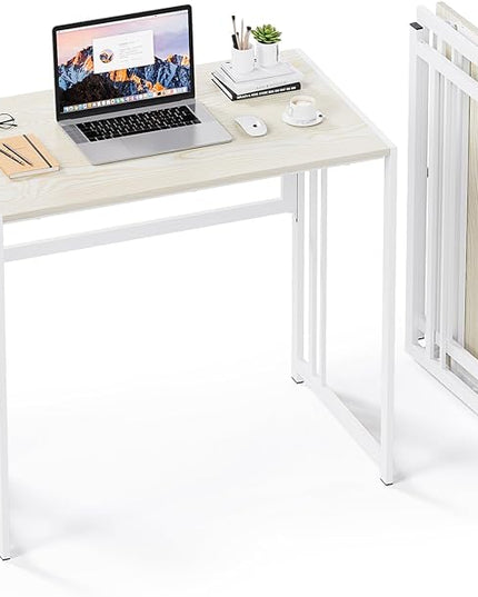 Folding Desk 32'' Computer Desk No Assembly Required Foldable Table Space Saving Writing Workstation for Home Office (Beige, White) - LeafyLoom