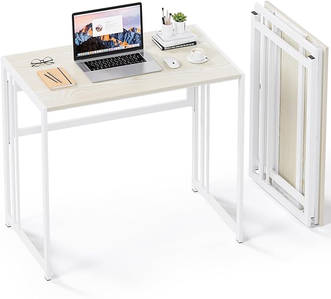 Folding Desk 32'' Computer Desk No Assembly Required Foldable Table Space Saving Writing Workstation for Home Office (Beige, White) - LeafyLoom
