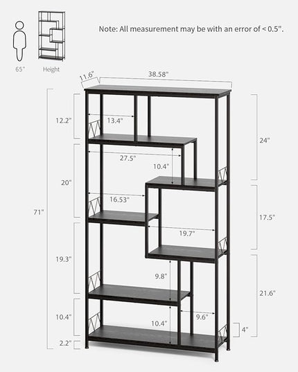 Gizoon 71” Industrial Bookshelves for Storage, Tall Display Etagere 8-Shelves for Bedroom, Metal Frame Staggered Bookcases for Bedroom, Living Room, Home Office, Black - LeafyLoom