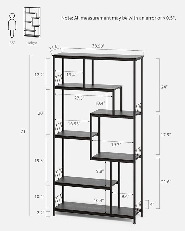 Gizoon 71” Industrial Bookshelves for Storage, Tall Display Etagere 8-Shelves for Bedroom, Metal Frame Staggered Bookcases for Bedroom, Living Room, Home Office, Black - LeafyLoom