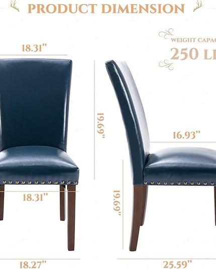 Parsons Dining Chairs Set of 2, Upholstered Nailhead PU Leather Dining Room Kitchen Side Chair with Thick Cushions and Wood Legs, Blue - LeafyLoom
