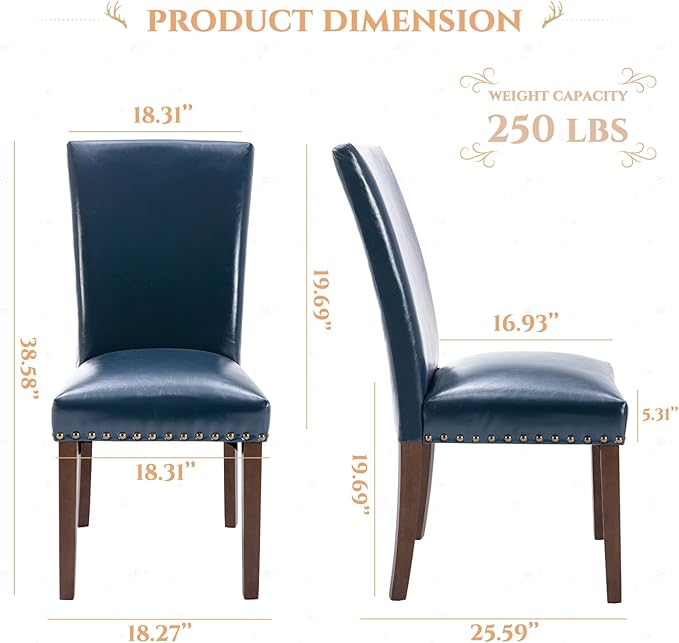 Parsons Dining Chairs Set of 2, Upholstered Nailhead PU Leather Dining Room Kitchen Side Chair with Thick Cushions and Wood Legs, Blue - LeafyLoom
