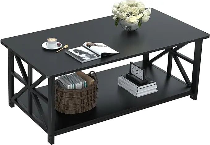 GreenForest Coffee Table with Round Corner, Farmhouse Center Table with 2-Tier Storage Shelf X-Frame Design for Living Room, 39 inch Black - LeafyLoom