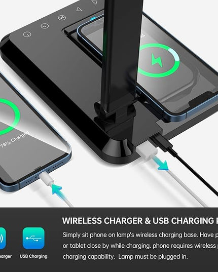 Fugetek LED Desk Office Lamp with Wireless Charger & USB Charging Port, Touch Control, 5 Lighting Modes, 30/60 Min Auto Timer, Eye-Caring, Dimmer, Black - LeafyLoom
