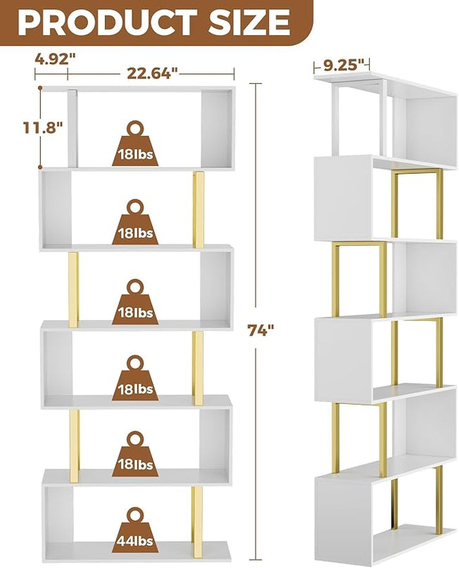 Gadroad 6-Tier Geometric Bookcase,S Shaped Bookshelf, Wood Decorative Storage Shelving, Modern Freestanding Display Shelves, Tall Book Shelf Unit for Living Room Bedroom - LeafyLoom