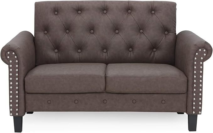 Furinno Bastia Vintage Modern Chesterfield Button Tufted Loveseat/Sofa Couch for Living Room, Brown Faux Leather - LeafyLoom